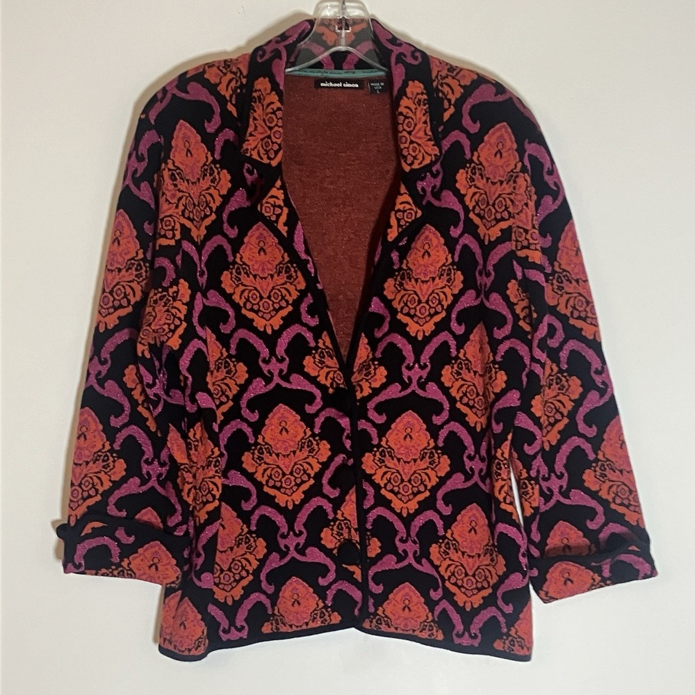 Michael Simon Sweater Womens Large Multicolor Damask Orange Artsy Jacket Shimmer